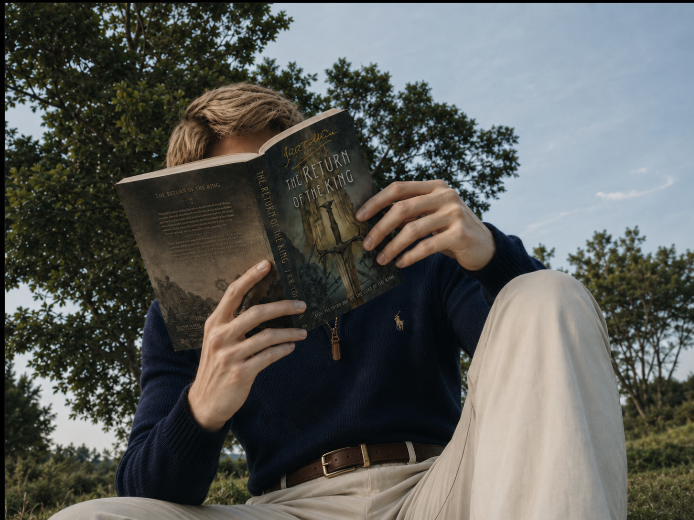 Šimon Vepřek reading outdoors