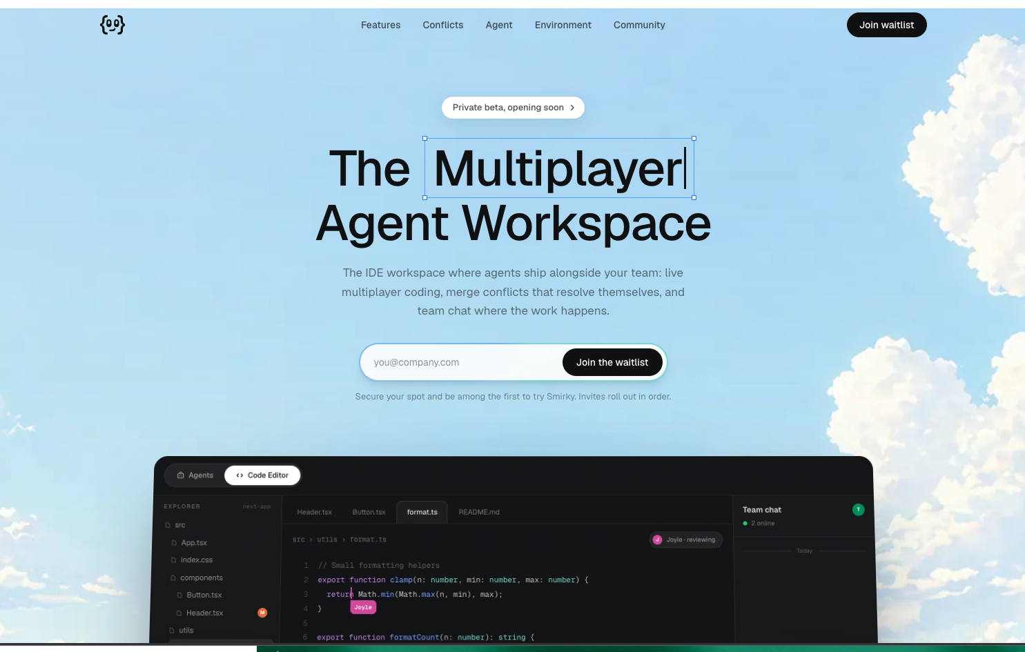 The Smirky landing page: the multiplayer agent workspace, with the shared editor and team chat below the fold